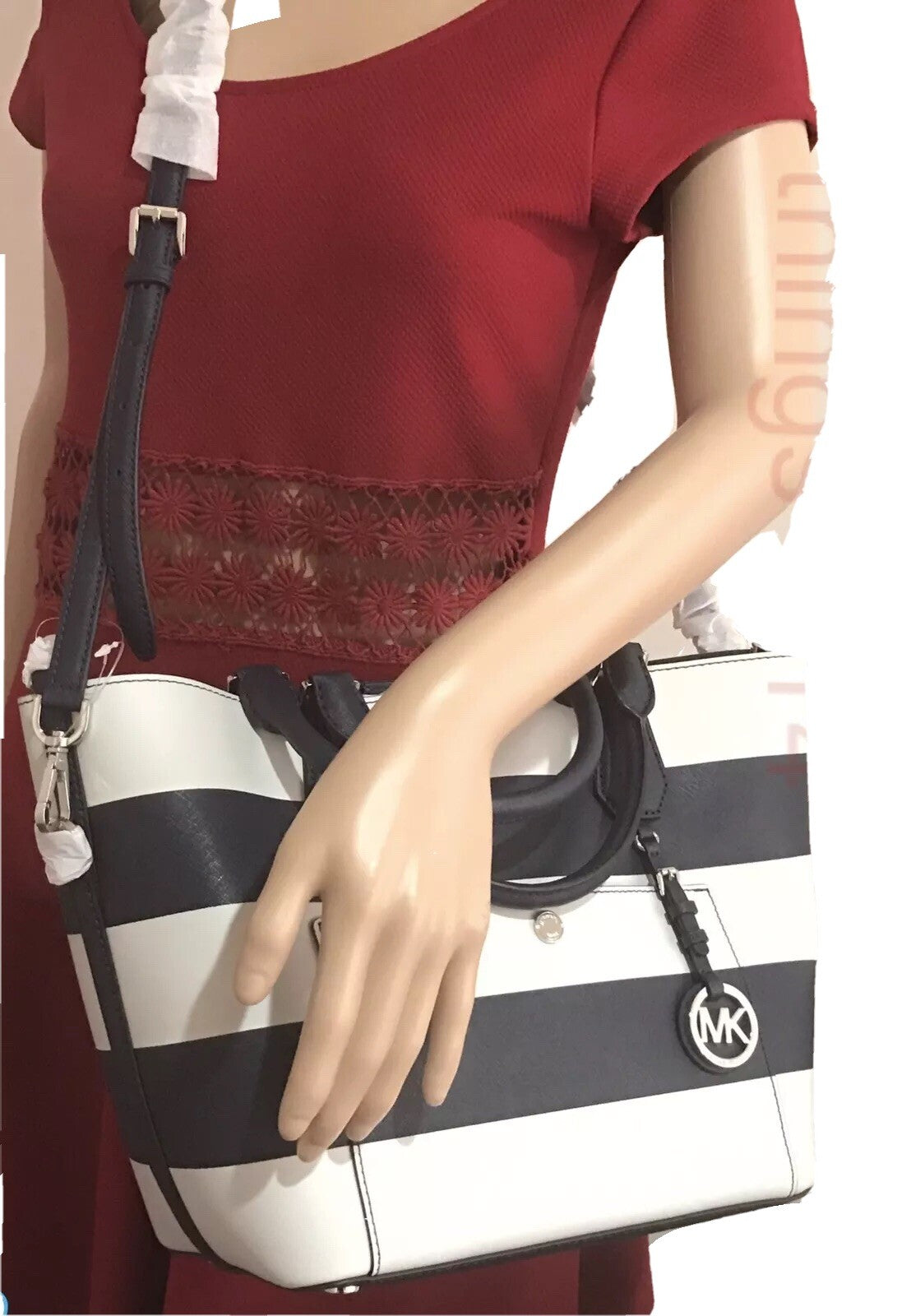 Michael Kors Greenwich Large Saffiano Leather Navy Stripe Grab Bag New With Tag1