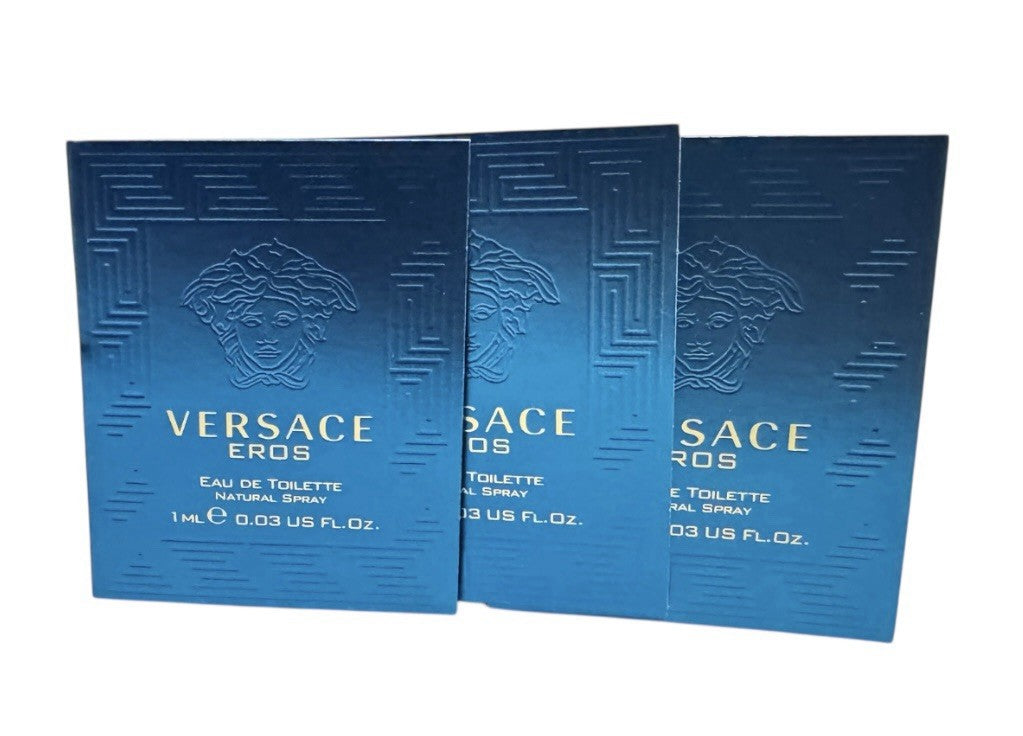 3 X Versace Eros Eau De Toilette  .03oz 1ml CARDED SAMPLE FOR MEN.0