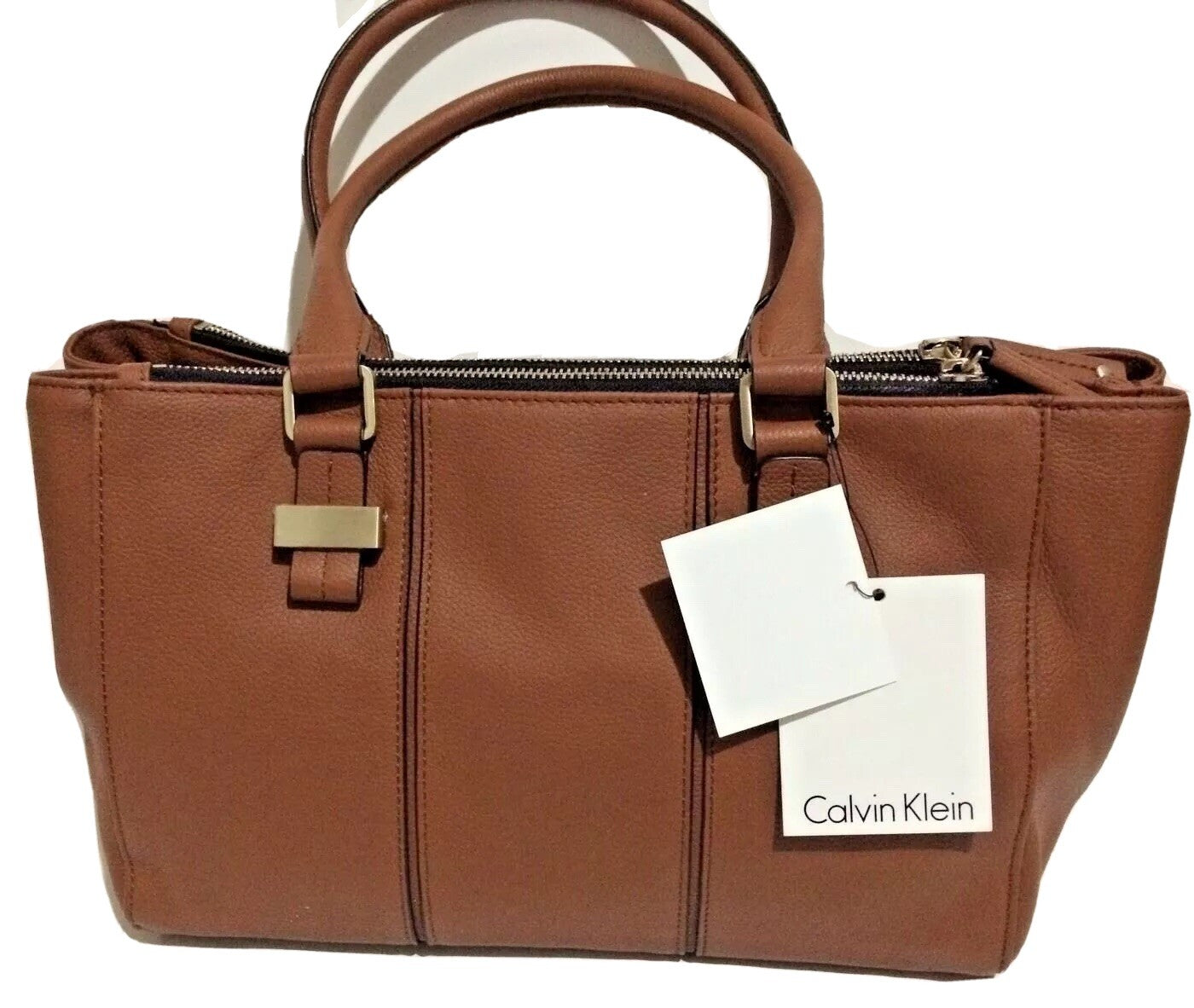 Calvin Klein CAITLIN Double Zipped Chestnut Faux Leather Satchel Bag New With Tg1