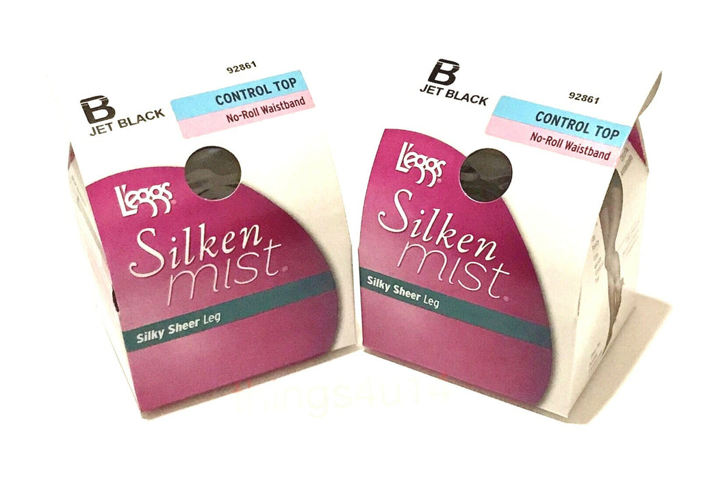 2 X Leggs Pantyhose Silken Mist Control Top Jet Black B No Roll Waistband  NIB0