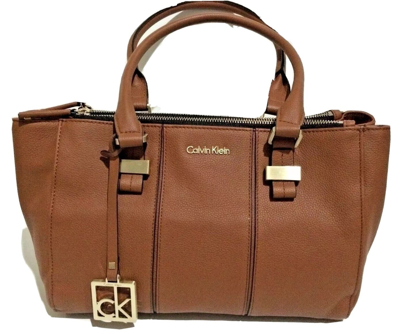 Calvin Klein CAITLIN Double Zipped Chestnut Faux Leather Satchel Bag New With Tg0