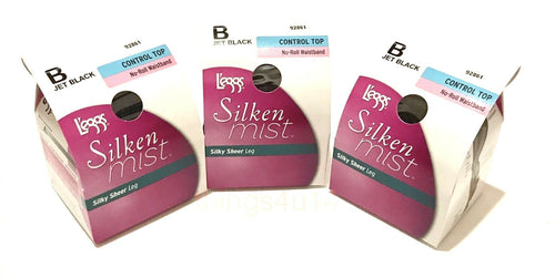 3 X Leggs Pantyhose Silken Mist Control Top Jet Black B No Roll Waistband  NIB0