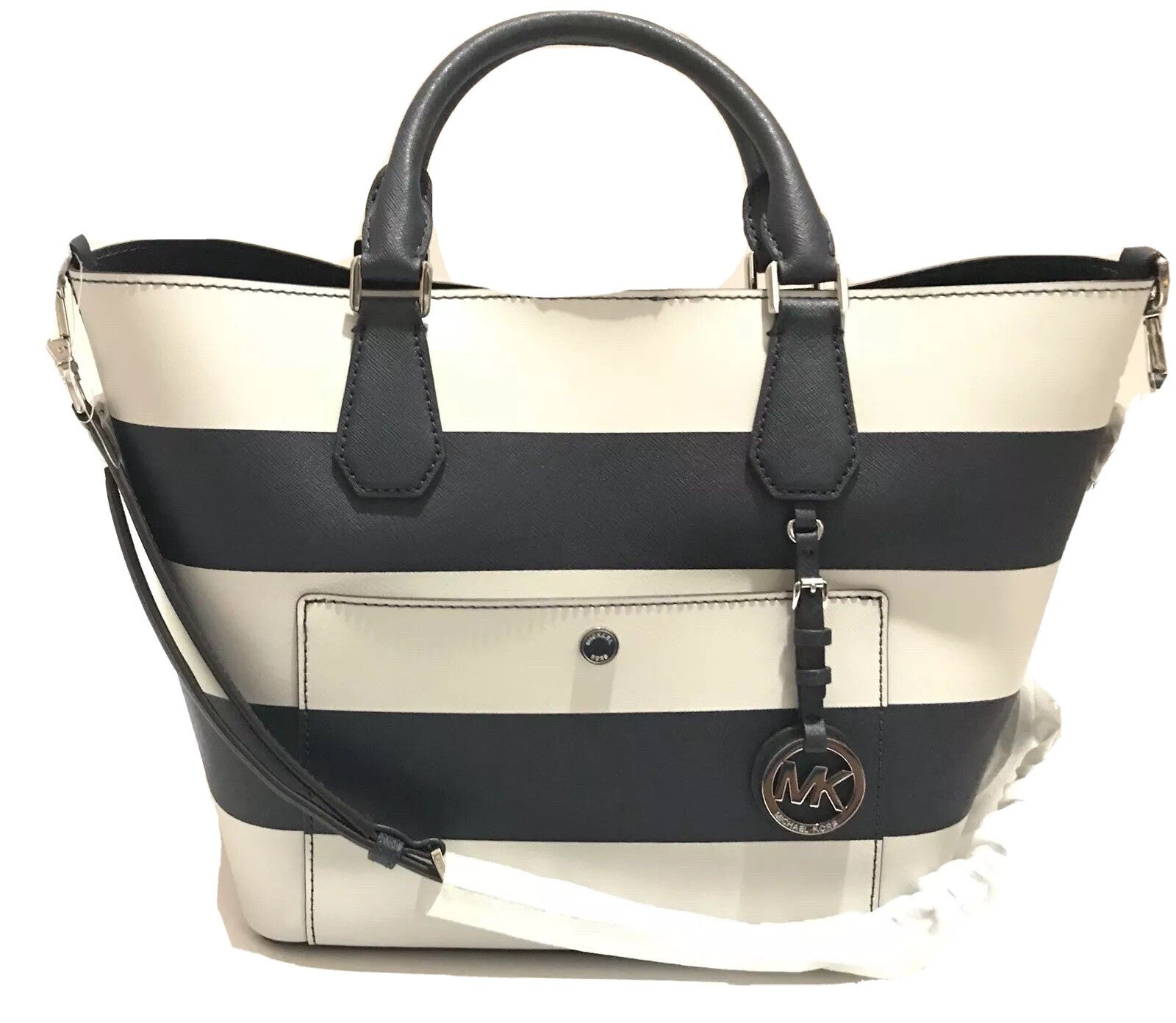 Michael Kors Greenwich Large Saffiano Leather Navy Stripe Grab Bag New With Tag0