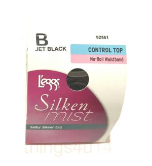 Leggs Pantyhose Silken Mist Control Top Jet Black B No Roll Waistband New InBox